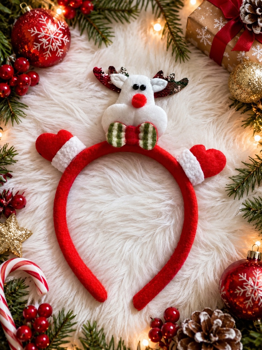 Festive Red Reindeer Headband with Heart Details -NWOT